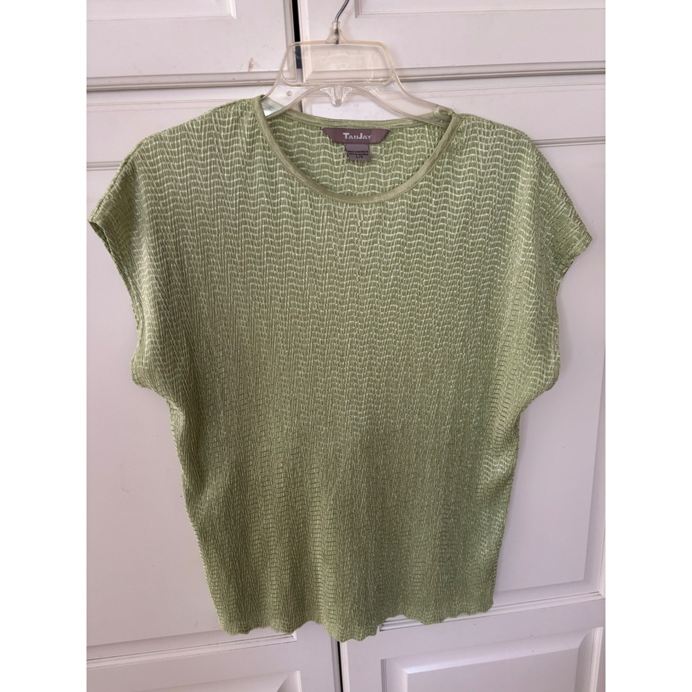 TanJay Sage Green‎ Plissé Textured Short Sleeve Blouse Top Large 946108813